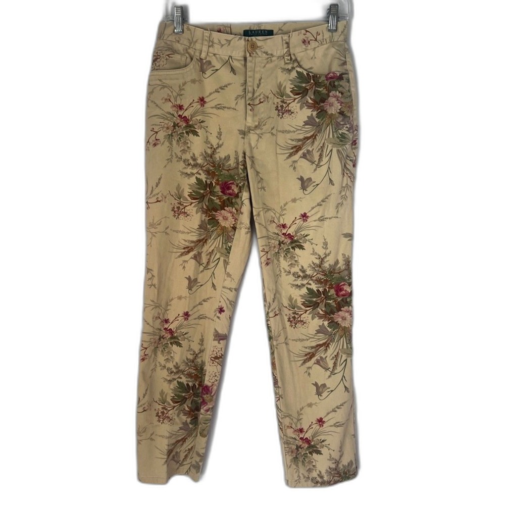 Lauren Ralph Lauren Floral Casual Cotton Slim Ankle Pants Size 6P Tan‎